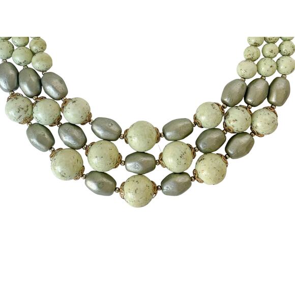 1960s Triple Strand Shades of Green Gold Specks Nugget & Round Beaded Necklace - Picture 3 of 6